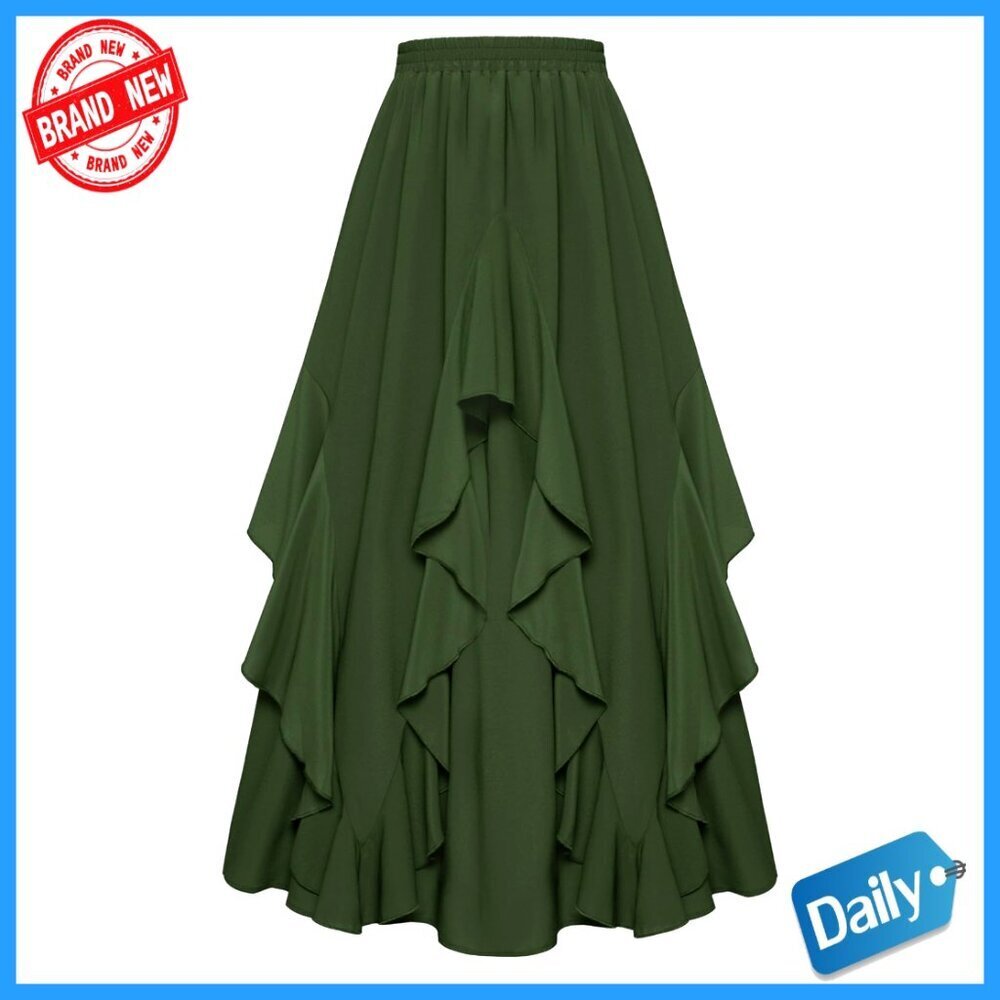 Long Maxi Skirt with Pockets, Ruffled Hem, A-Line Fit, Polyester